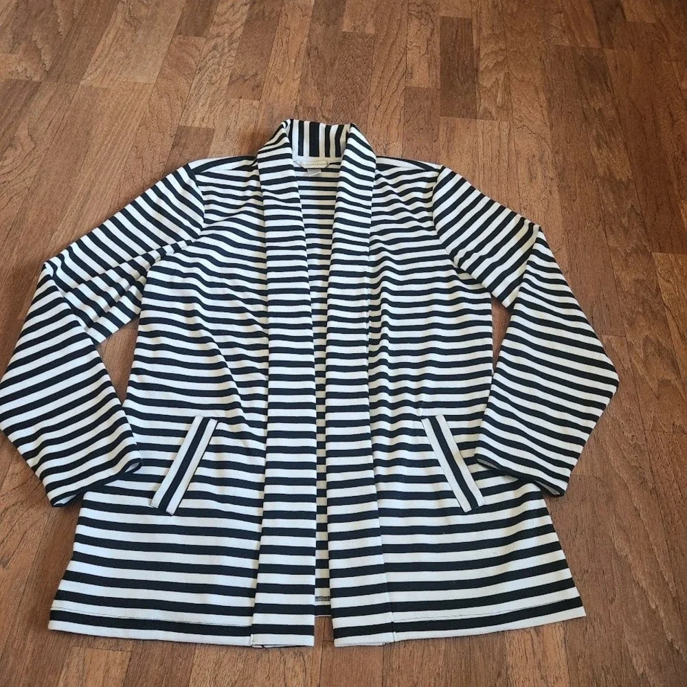 Christopher & Banks Womens L Black White Striped Open Front Cardigan Jacket 518